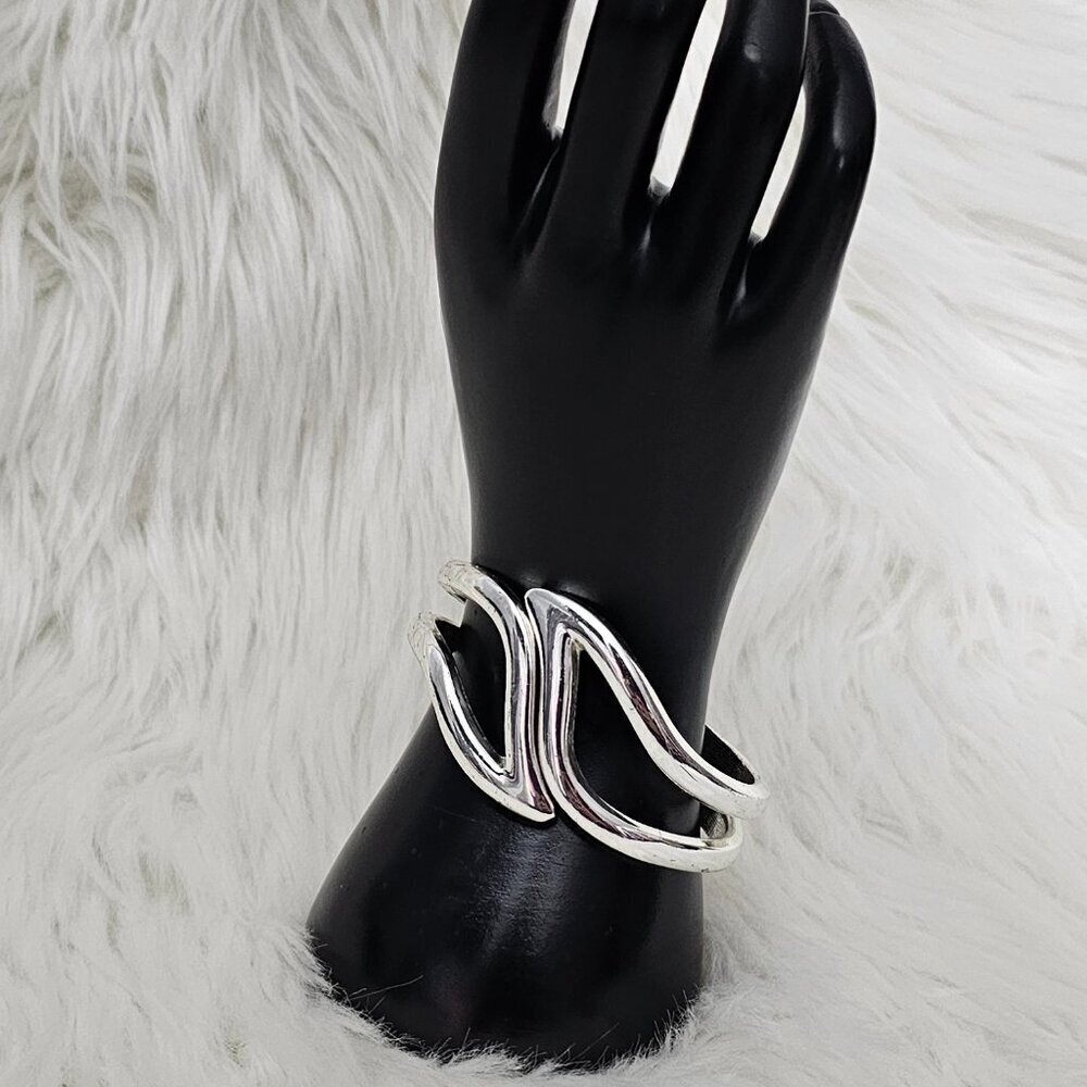 Vintage Silver Tone Cutout Hinged Bangle Statement Bracelet